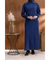 YAKASI VE MANŞETİ RİBANALI ELBİSE - LACİVERT - (Asorti: M-XXL)