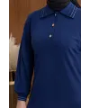YAKASI VE MANŞETİ RİBANALI ELBİSE - LACİVERT - (Asorti: M-XXL)