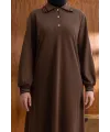 YAKASI VE MANŞETİ RİBANALI ELBİSE - KAHVE - (Asorti: M-XXL)