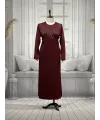HESNA 8506 BASKILI ELBİSE - BORDO - (Asorti: 4-6)