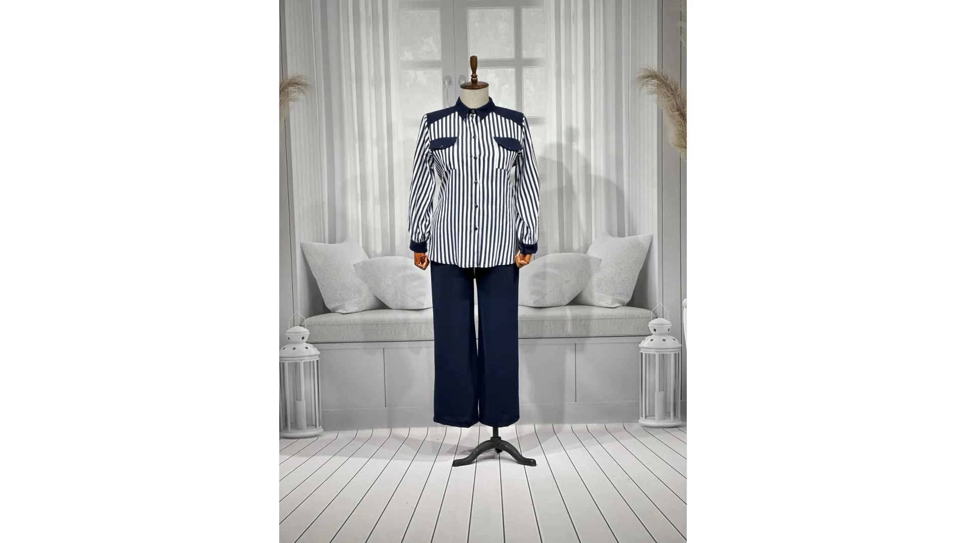 HESNA 4615 ÇİZGİLİ TAKIM - LACİVERT - (Asorti: 46-52)