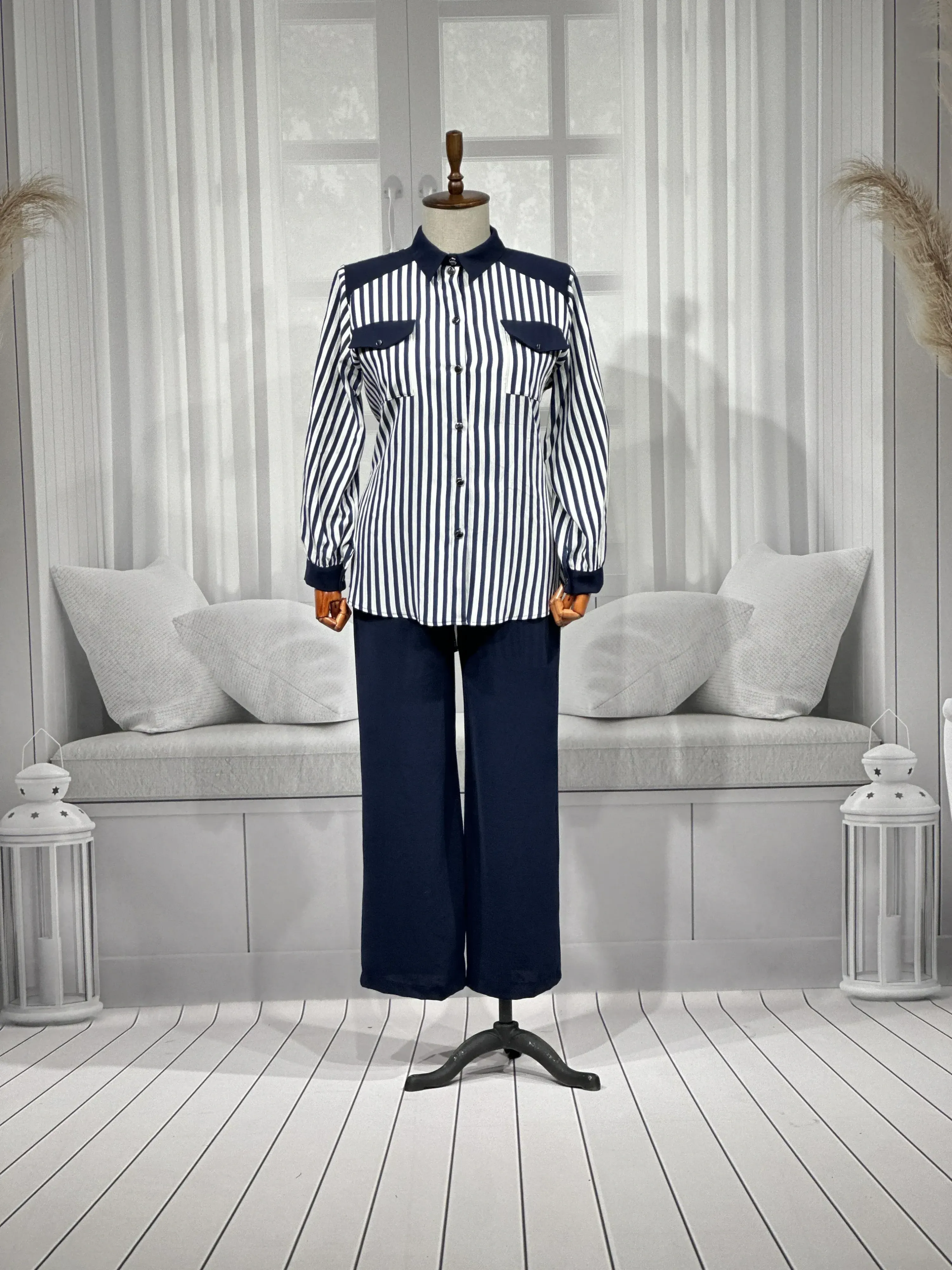 HESNA 4615 ÇİZGİLİ TAKIM - LACİVERT - (Asorti: 46-52)