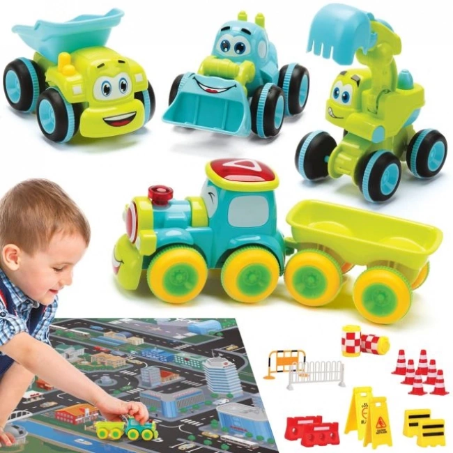 4 Oyuncak Kamyon Playmat ve 16 Aksesuarlı İnşaat Seti
