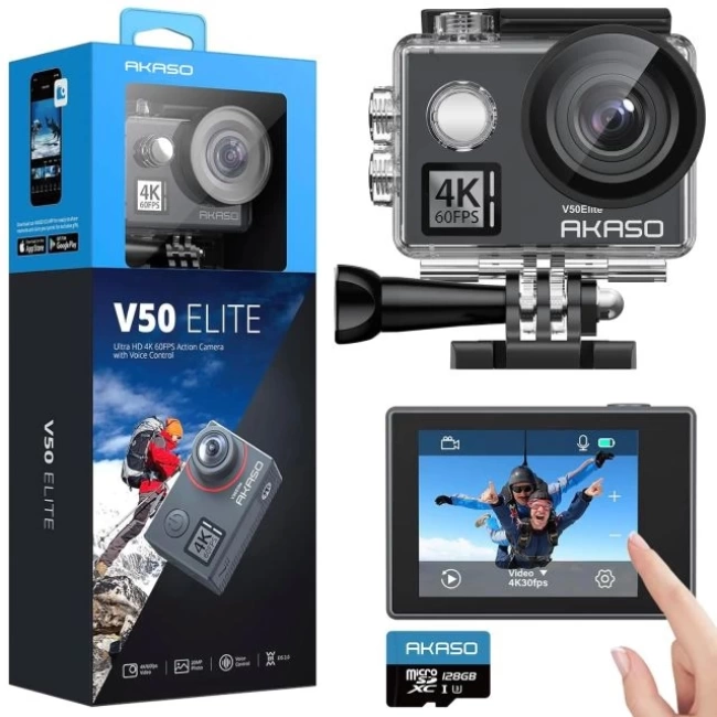 AKASO V50 Elite 4K60fps Dokunmatik Ekran WiFi Su Geçirmez Aksiyon Kamerası With 128GB MicroSD Card