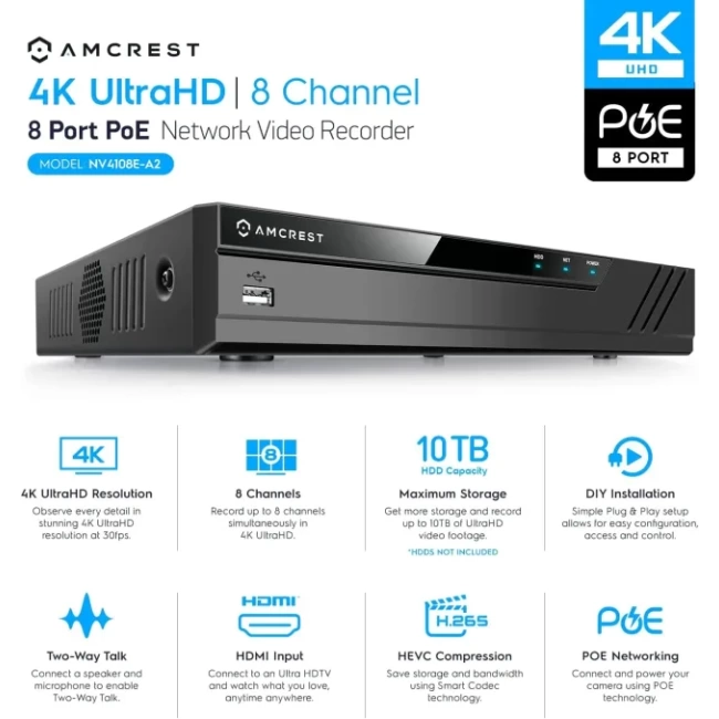 Amcrest 4K Güvenlik Kamera Sistemi 4K 8MP White - 8CH NVR + 4 Bullets (2.8mm) w/ 2TB HDD
