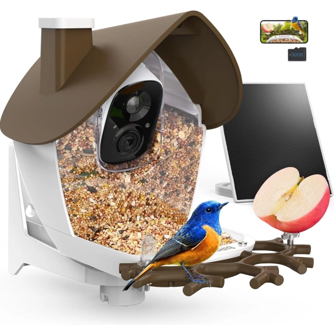 BirdSnap P33 - Güneş Enerjili 2K Video Canlı Kuş Kamerası Yemliği - Kahverengi