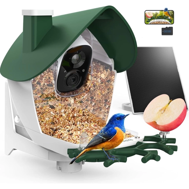BirdSnap P33 - Güneş Enerjili 2K Video Canlı Kuş Kamerası Yemliği - Koyu Yeşil