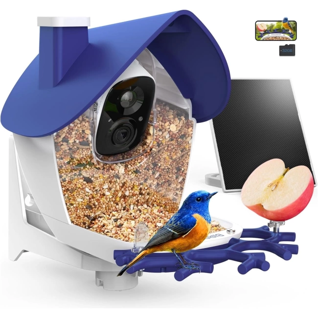 BirdSnap P33 - Güneş Enerjili 2K Video Canlı Kuş Kamerası Yemliği - Mavi