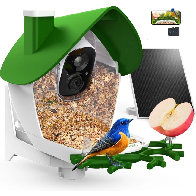 BirdSnap P33 - Güneş Enerjili 2K Video Canlı Kuş Kamerası Yemliği - Yeşil