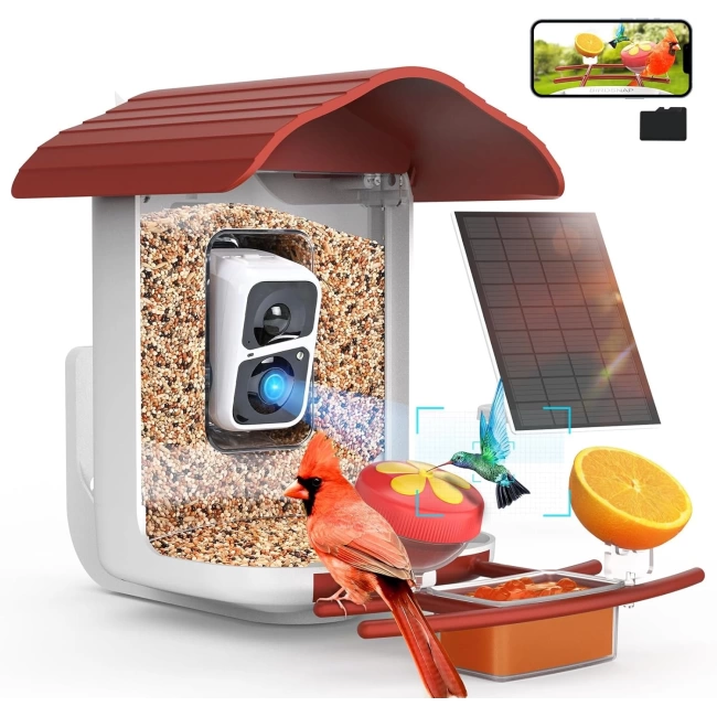 BirdSnap PAV - Akıllı Kuş Yemliği, Güneş Enerjili Kamera 2K HD - Kırmızı