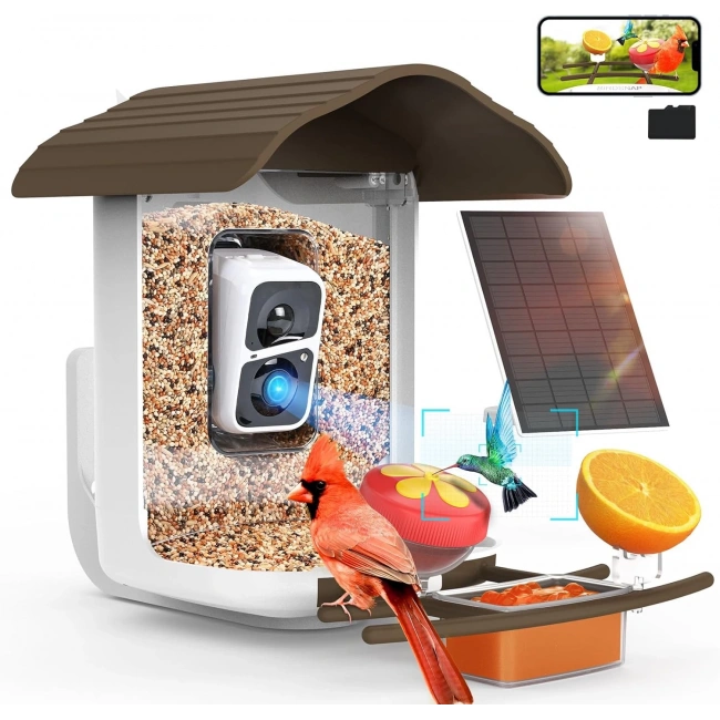 BirdSnap PAV - Akıllı Kuş Yemliği, Güneş Enerjili Kamera 2K HD - Koyu Kahverengi