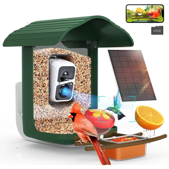 BirdSnap PAV - Akıllı Kuş Yemliği, Güneş Enerjili Kamera 2K HD - Koyu Yeşil