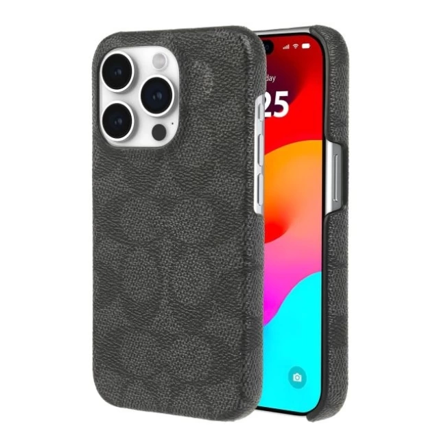 Coach Hakiki Çakıllı Deri iPhone 15 Pro Kılıfı Charcoal iPhone 15 Pro
