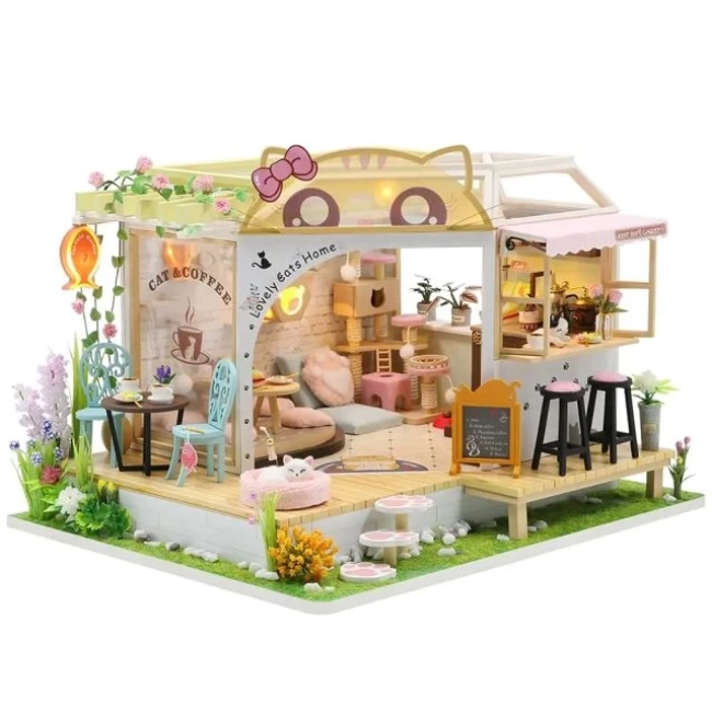 CUTEBEE DIY Ahşap Dollhouse Seti Cat Coffee Garden