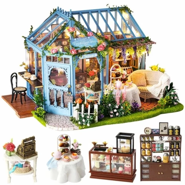 CUTEBEE DIY Ahşap Dollhouse ve Minyatür Mobilya A-Rose Garden Tea House