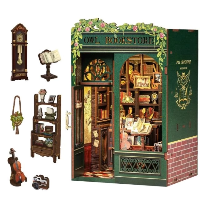 CUTEBEE DIY Ahşap Minyatür Ev Seti Kitaplık Owl Bookstore
