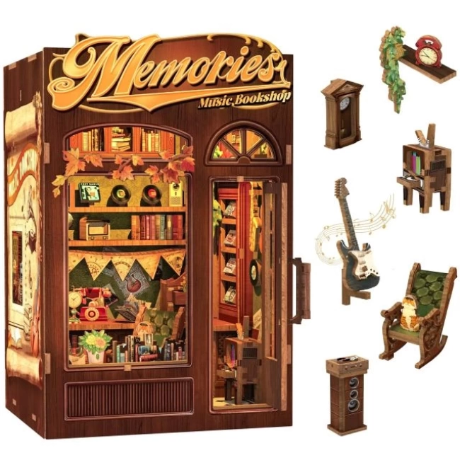 CUTEBEE DIY Ahşap Minyatür Ev Seti Kitaplık Memories Music Bookshop