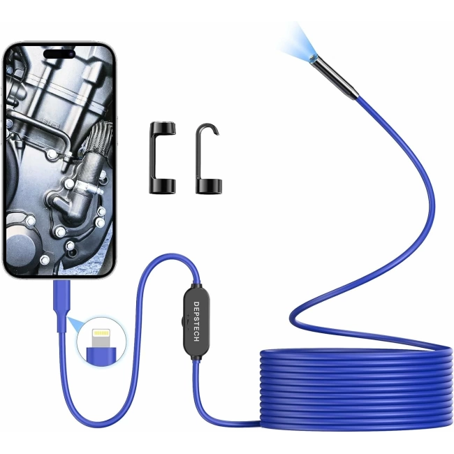 DEPSTECH Işıklı Endoskop Kamerası - 5m Kablo 7mm İnce Prob - Mavi