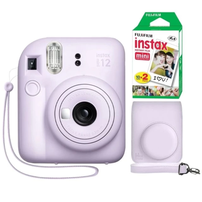 Fujifilm Instax Mini 12 Anlık Fotoğraf Makinesi/ Minimate Özel Kılıf/20 Sayfa/İkili Paket - Mor