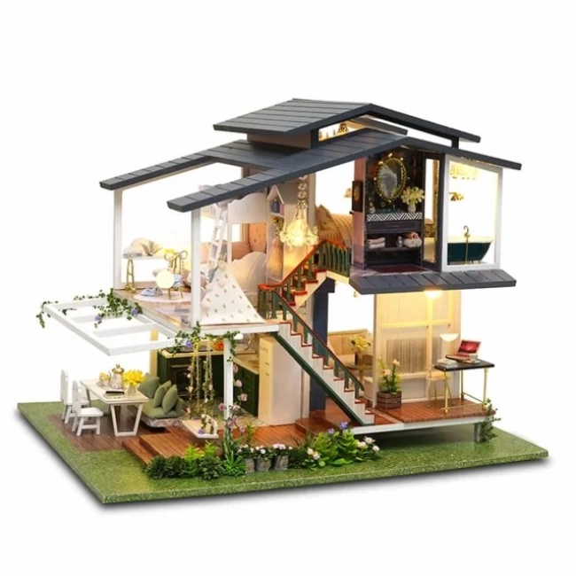 GuDoQi 1:24 Ölçekli DIY Minyatür Müzikli Oyuncak Ev Seti
