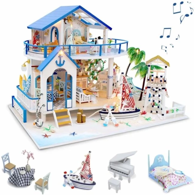 GuDoQi 1:24 Ölçekli DIY Minyatür Oyuncak Ev Seti Müzikli