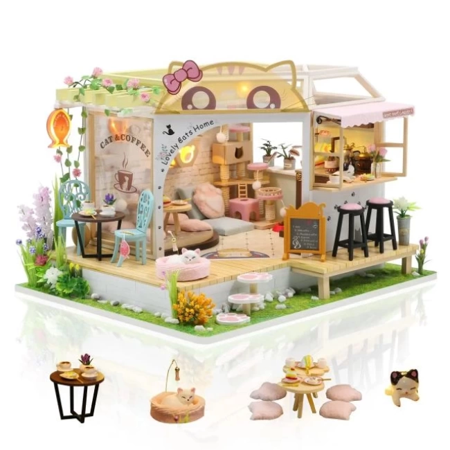 GuDoQi 1:24 Ölçekli Müzikli Minik Ev kiti Coffee Shop