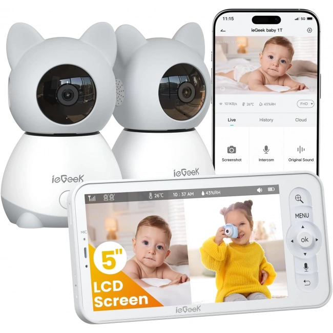 ieGeek Video Bebek Monitörü 2 Kameralı, 5 Inc Ekran - 2K HD