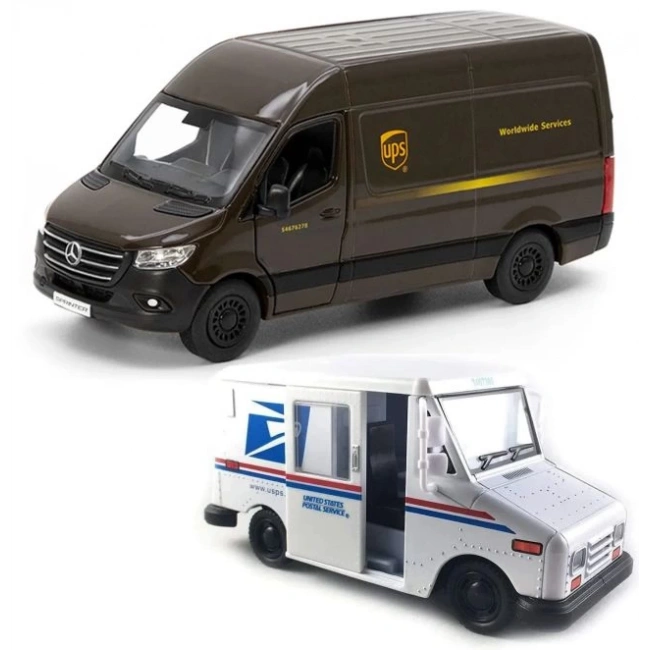 Kinsmart UPS Mercedes-Benz Sprinter ve USA Posta Kamyonu Oyuncak Araba Seti