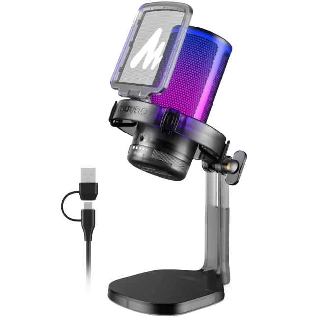 MAONO USB RGB Işıklı Kondenser Oyun Mikrofonu Black Crystal