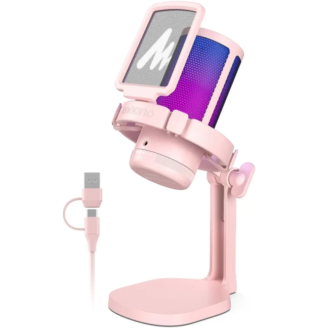 MAONO USB RGB Işıklı Kondenser Oyun Mikrofonu Pink