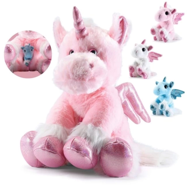 PREXTEX Peluş Tek Boynuzlu At ve 3 Bebek Tek Boynuzlu At