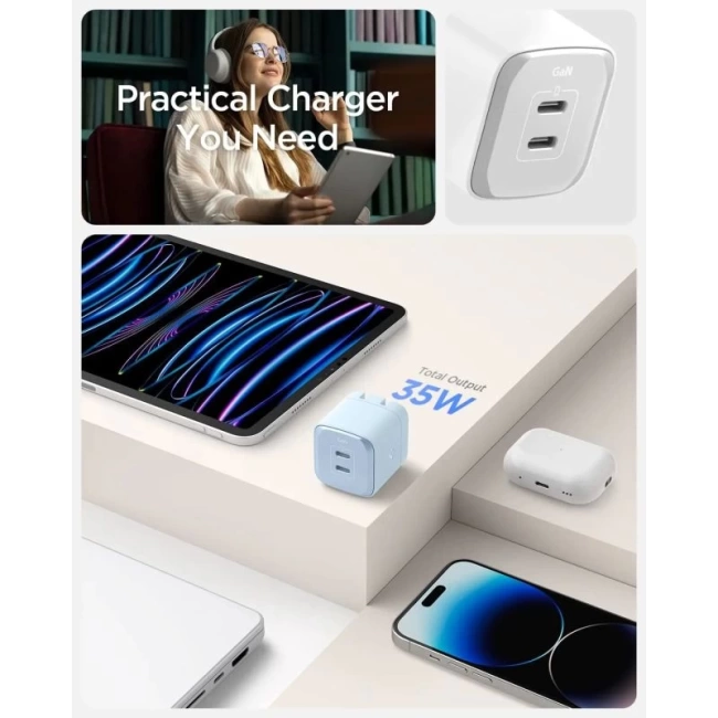 Spigen GaN III 352 35W 2 Bağlantı Noktalı Kompakt Katlanabilir Çift USB C Duvar Şarj Cihazı PD PPS