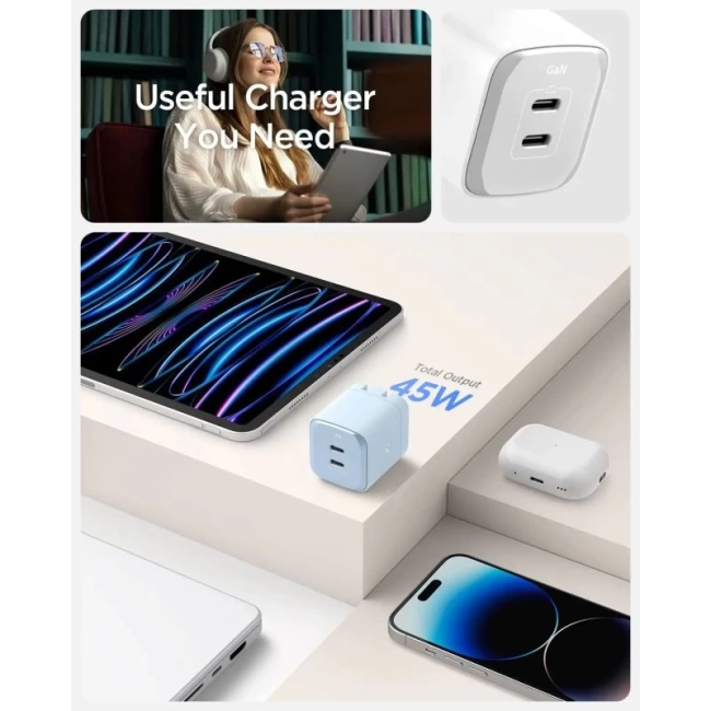 Spigen GaN III 452 45W 2 Portlu Kompakt Katlanabilir USB Şarj Cihazı