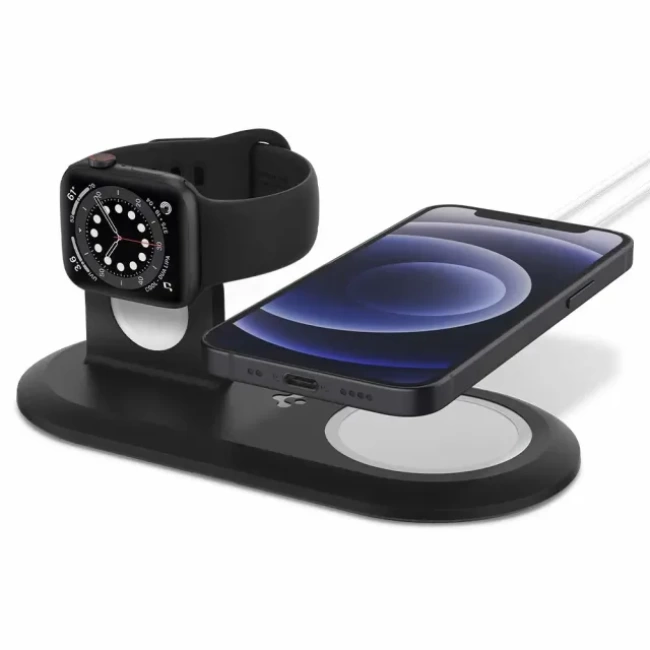 Spigen MagFit Duo 2in1 MagSafe & Apple Watch ile Uyumlu Stand Dock Ünitesi Siyah