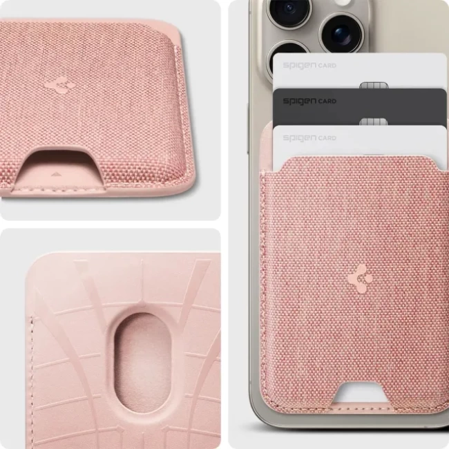 Spigen Valentinus (MagFit) İphone 14, 13, 12 için Manyetik Cüzdan Kartlık 3 Kartlı Fabric Rose Gold