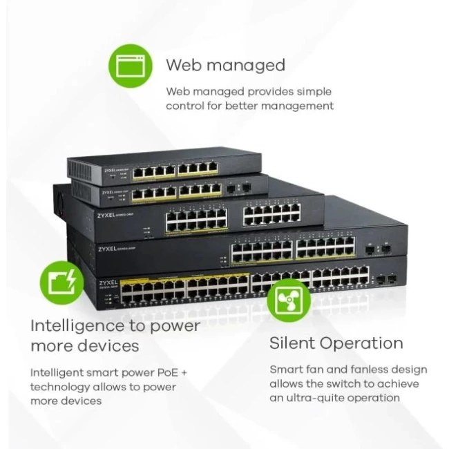 ZYXEL 24 Bağlantı Noktalı Gigabit Ethernet Akıllı Switch GS1900-24 48 Ports + 2 SFP