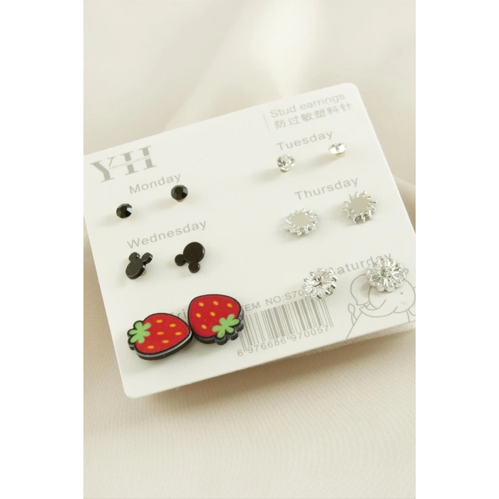 12 Adet Çilek Metal Taşlı Küpe