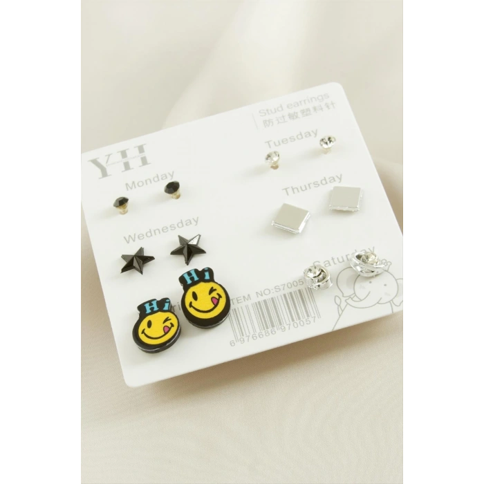 12 Adet Emoji Metal Taşlı Küpe