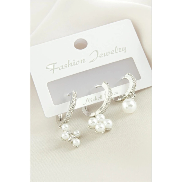 3 Adet Çiçek İnci Zirkon Taşlı Küpe