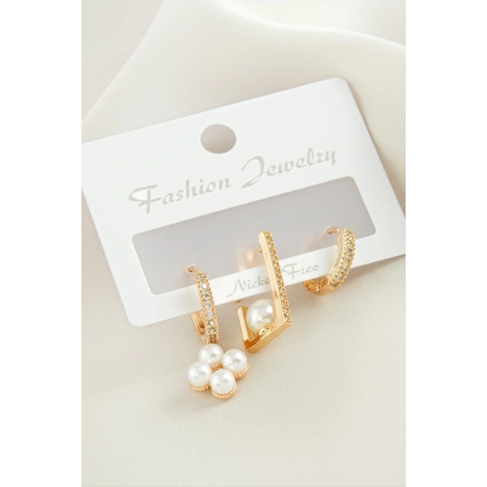 3 Adet Çiçek İnci Zirkon Taşlı Küpe