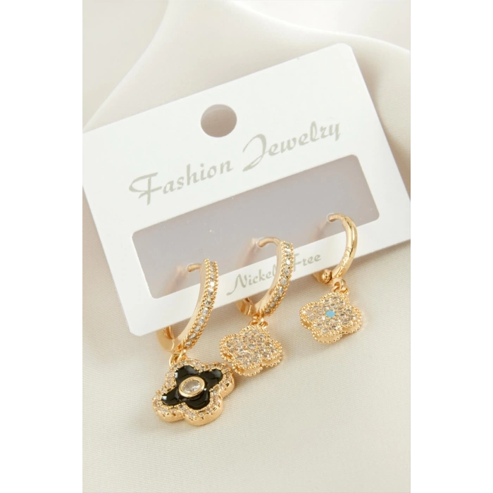 3 Adet Çiçek Zirkon Taşlı Küpe