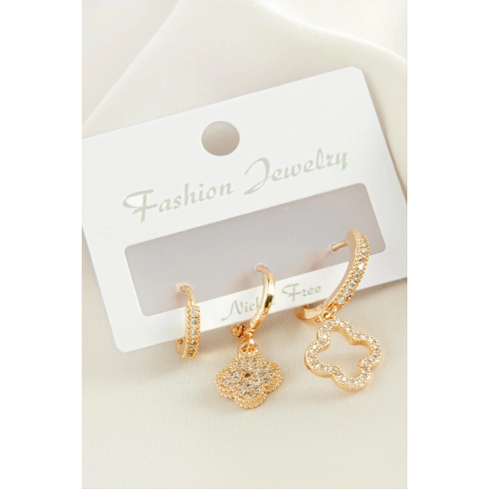 3 Adet Çiçek Zirkon Taşlı Küpe