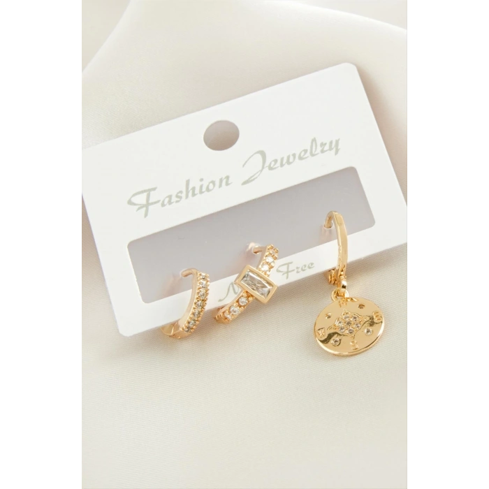 3 Adet Çiçek Zirkon Taşlı Küpe