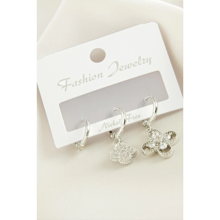 3 Adet Çiçek Zirkon Taşlı Küpe