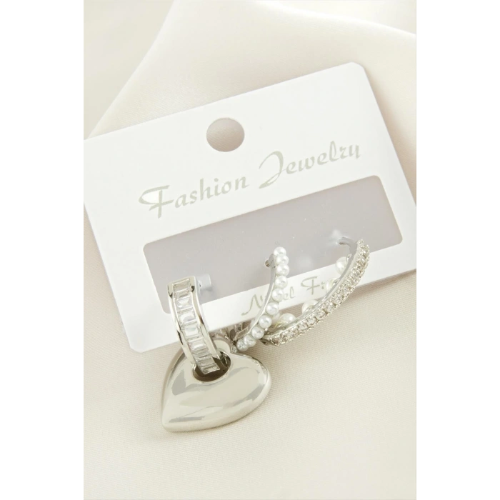 3 Adet Kalp İnci Zirkon Taşlı Küpe