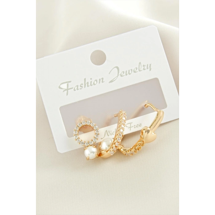 3 Adet Kalp İnci Zirkon Taşlı Küpe