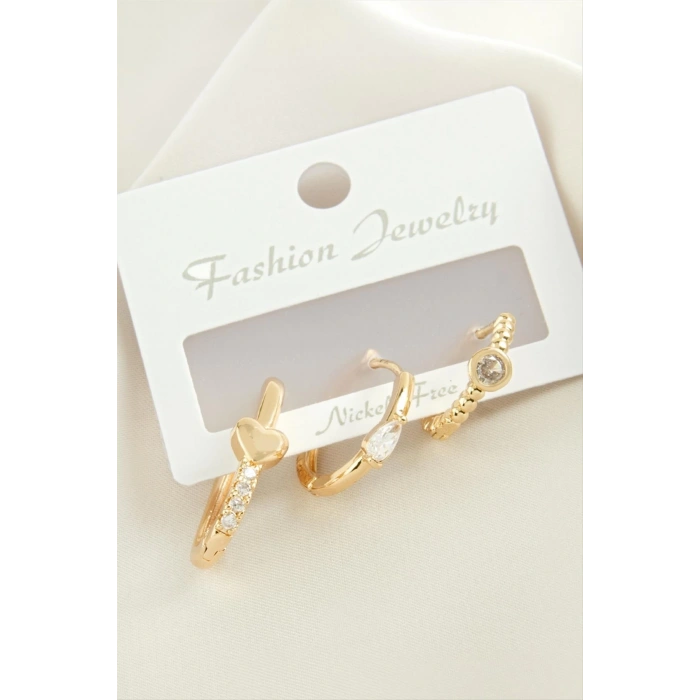 3 Adet Kalp Zirkon Taşlı Küpe