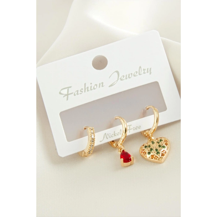 3 Adet Kalp Zirkon Taşlı Küpe