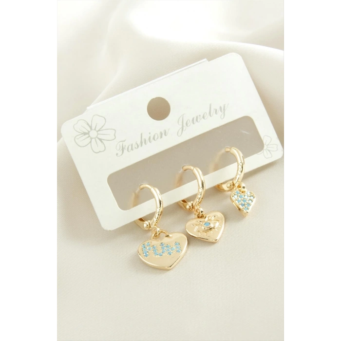 3 Adet Kalp Zirkon Taşlı Küpe