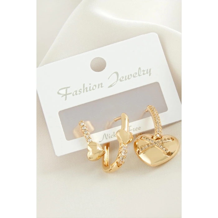 3 Adet Kalp Zirkon Taşlı Küpe